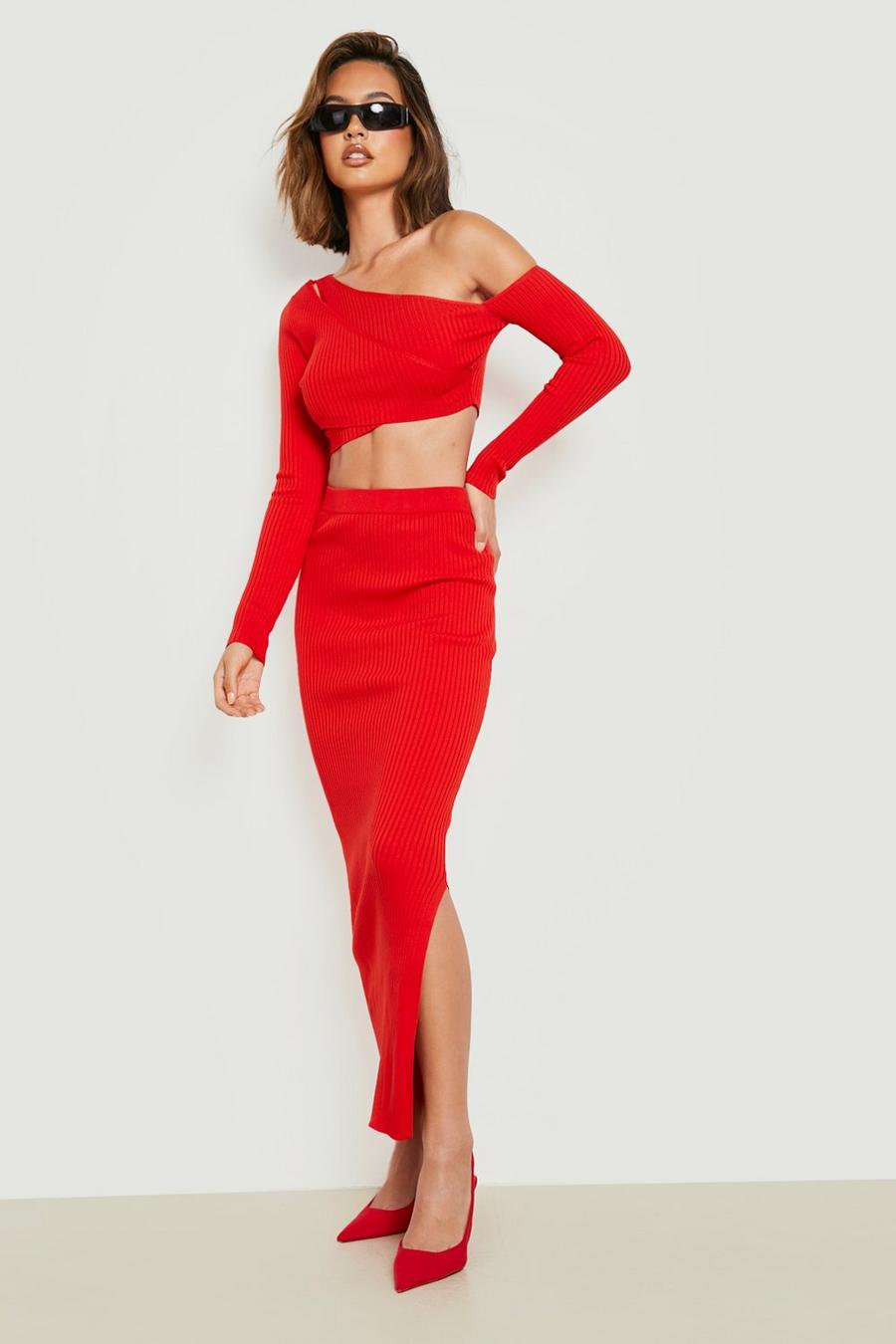 Red Cut Out Crop & Midi Skirt Knitted Two-Piece image number 1