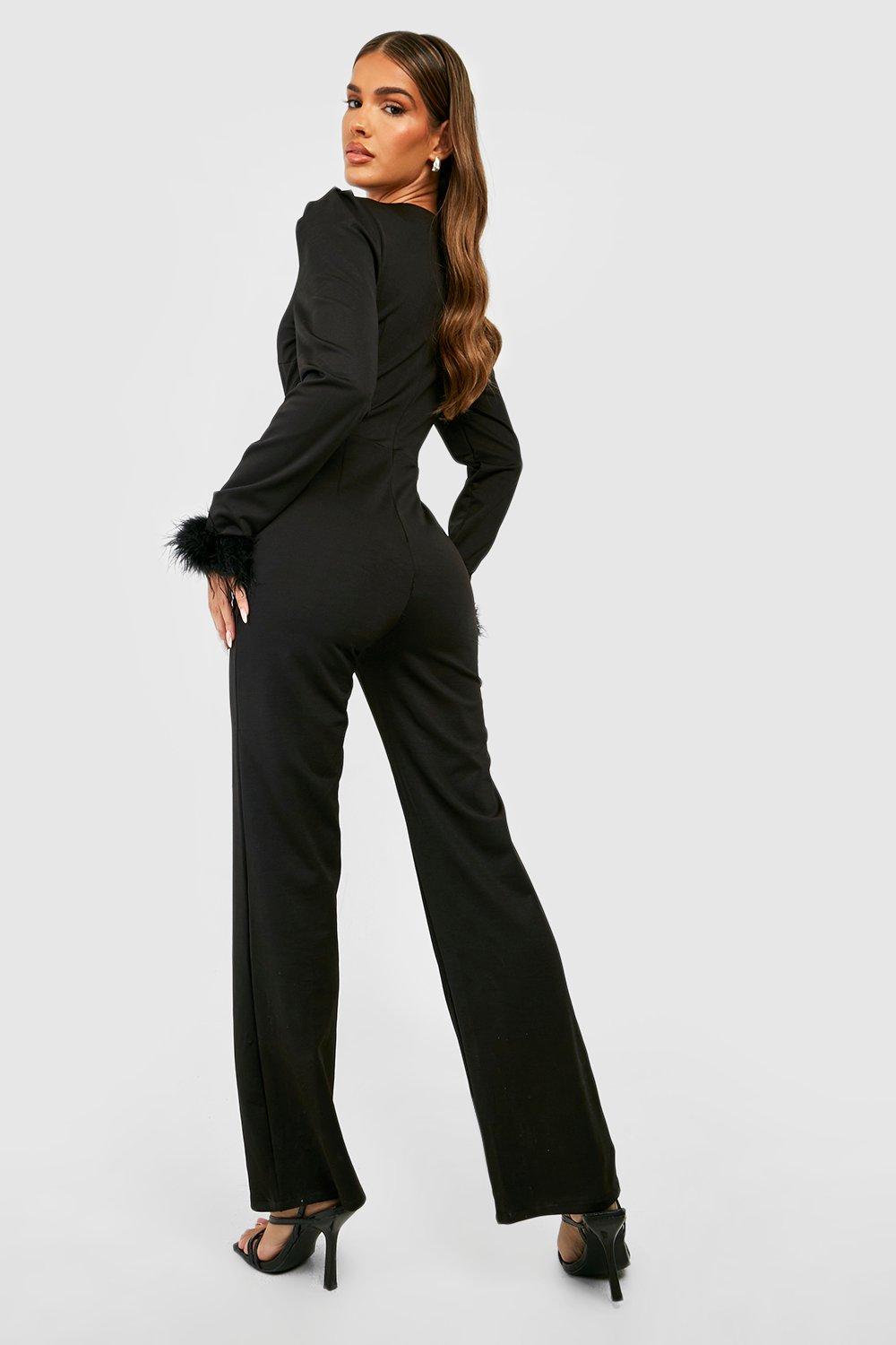 Black long store sleeve plunge jumpsuit