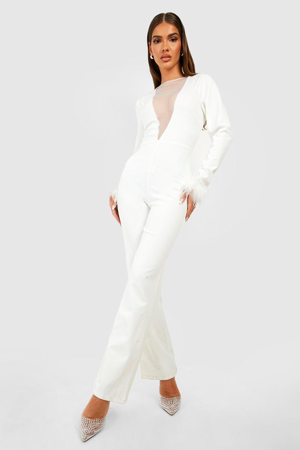 Feather Cuff Plunge Jumpsuit