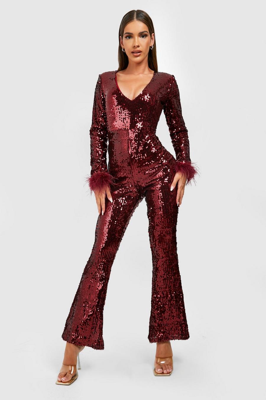Berry Feather Cuff Flared Jumpsuit image number 1