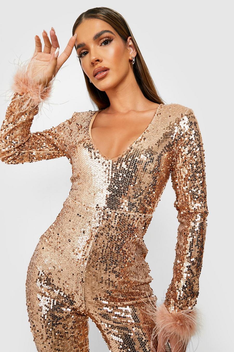 Gold metallic Feather Cuff Flared Jumpsuit