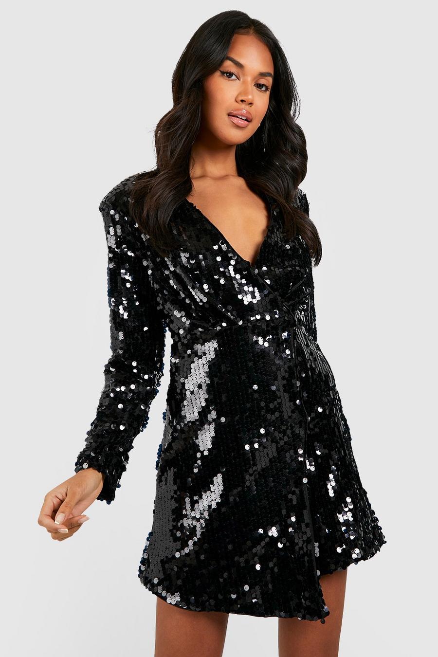 Black svart Sequin Shoulder Pad Blazer Party Dress image number 1