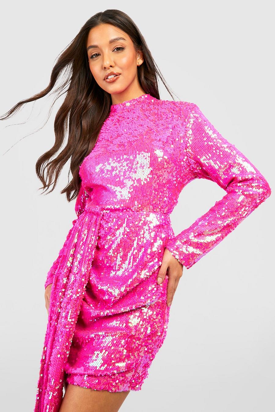 Pink Sequin Drape Open Back Mini Party Dress image number 1