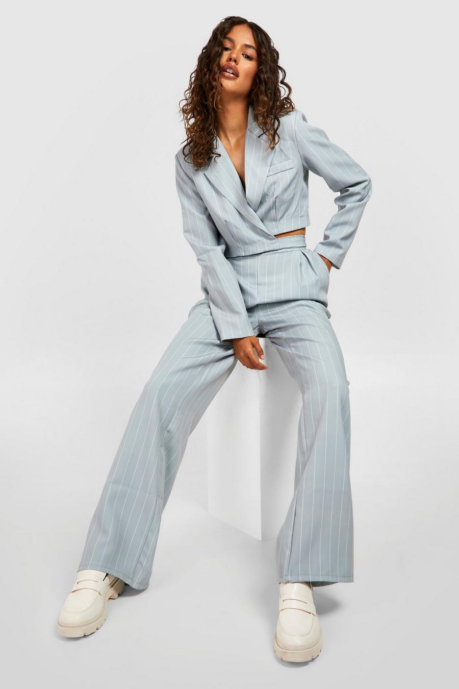 Grey marl Pinstripe Wide Leg Tailored Trousers  image number 1