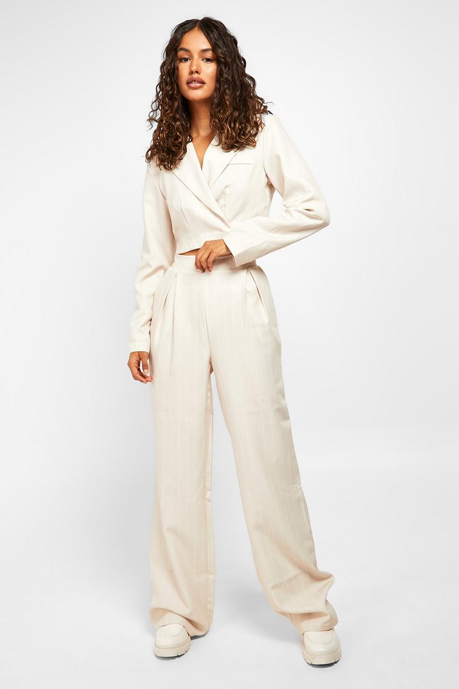 Sand Pinstripe Wide Leg Tailored Pants image number 1