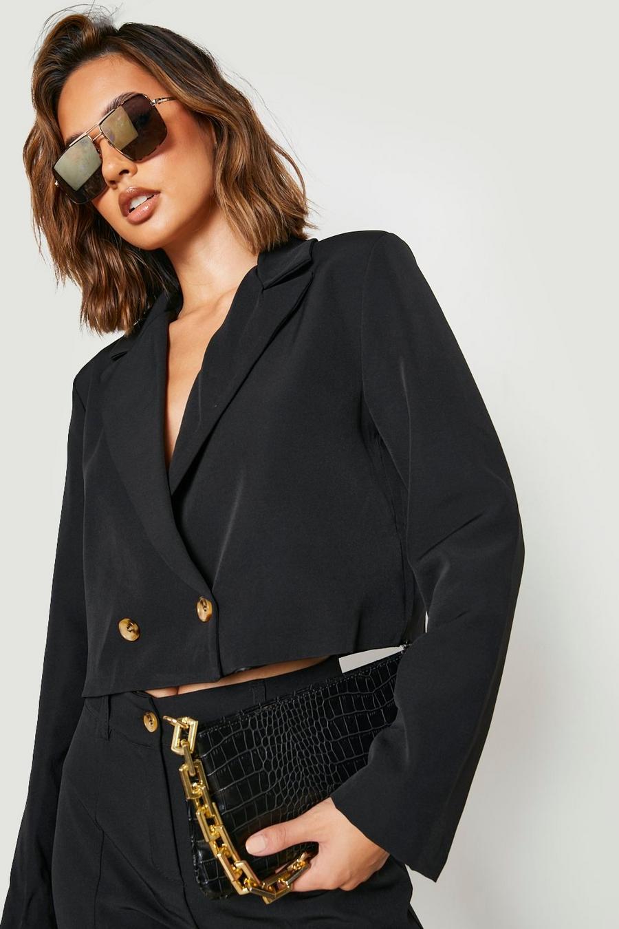 Black Boxy Cropped Double Breasted Blazer image number 1
