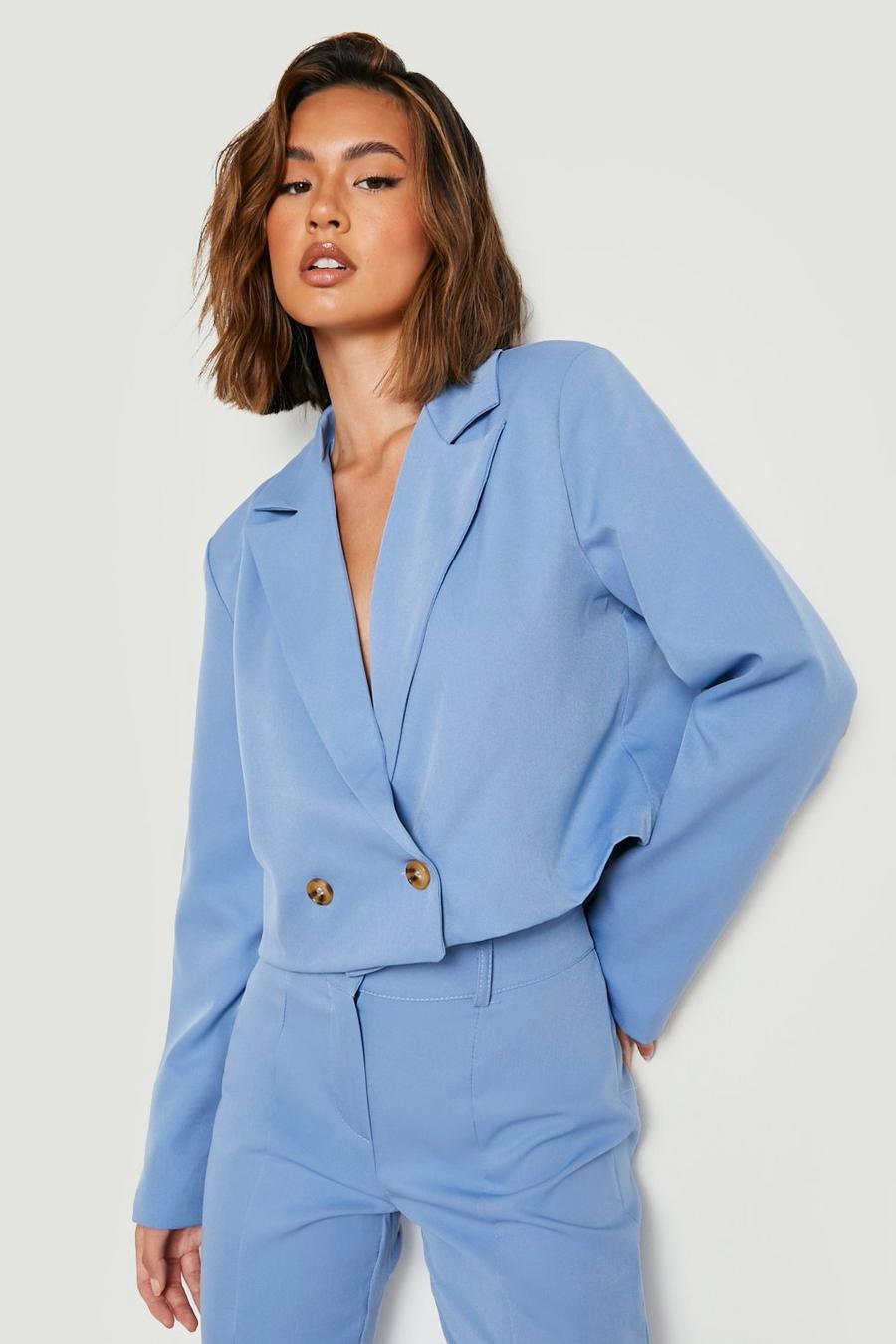 Slate blue Boxy Cropped Double Breasted Blazer image number 1