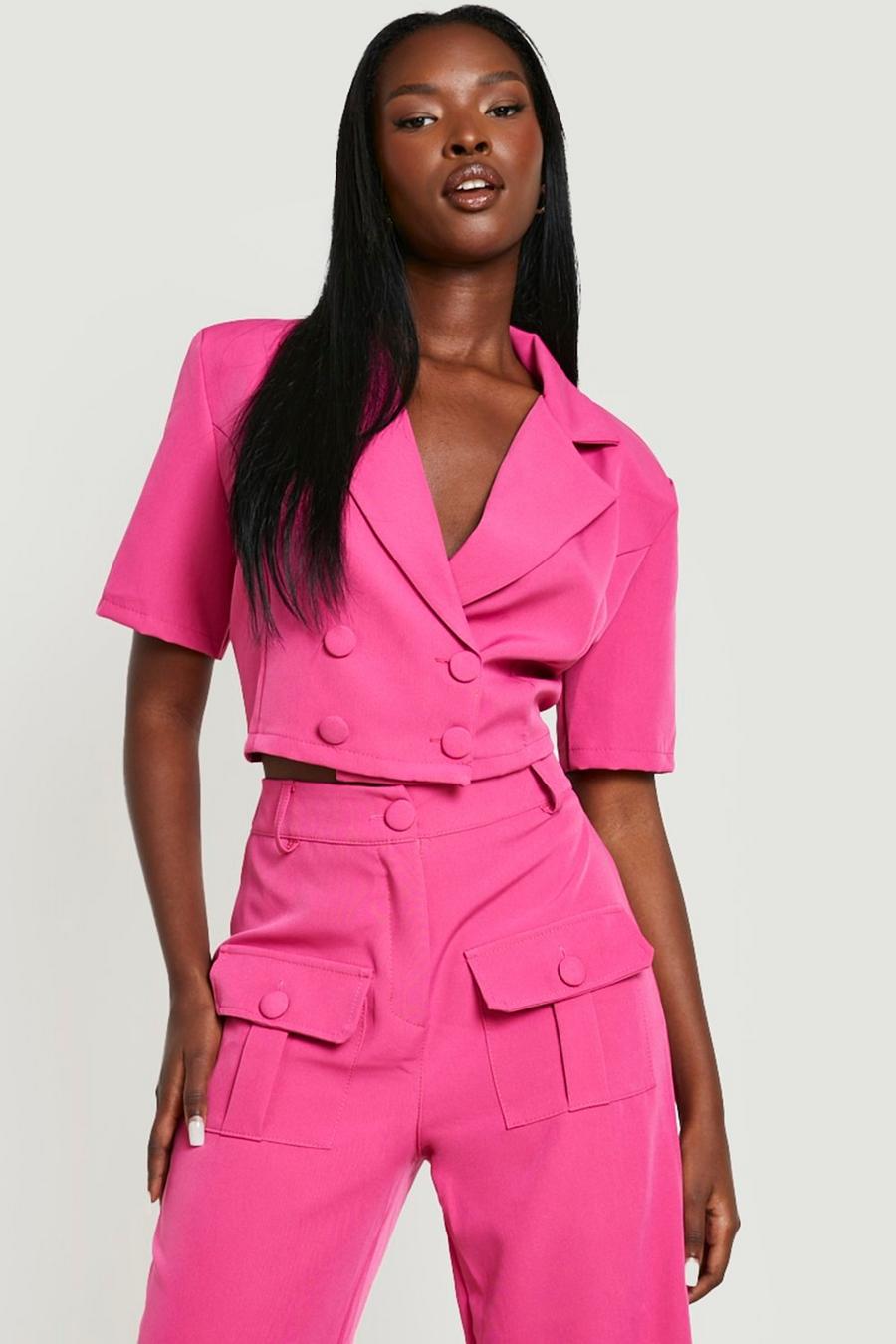 Bright pink Double Breasted Crop Tailored Blazer image number 1