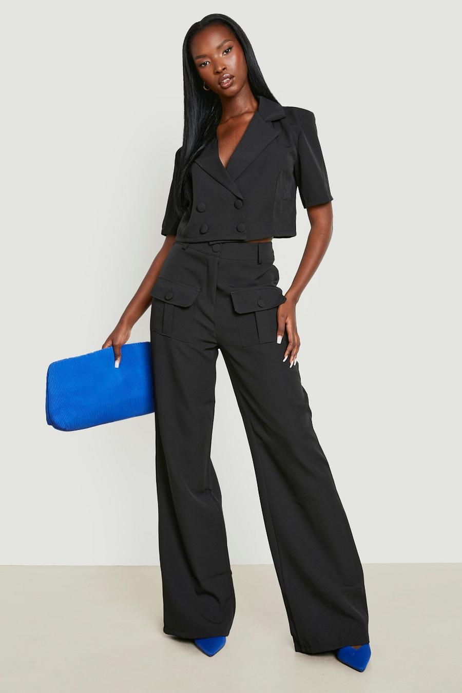 Black Utility Pocket Wide Leg Tailored Trousers  image number 1