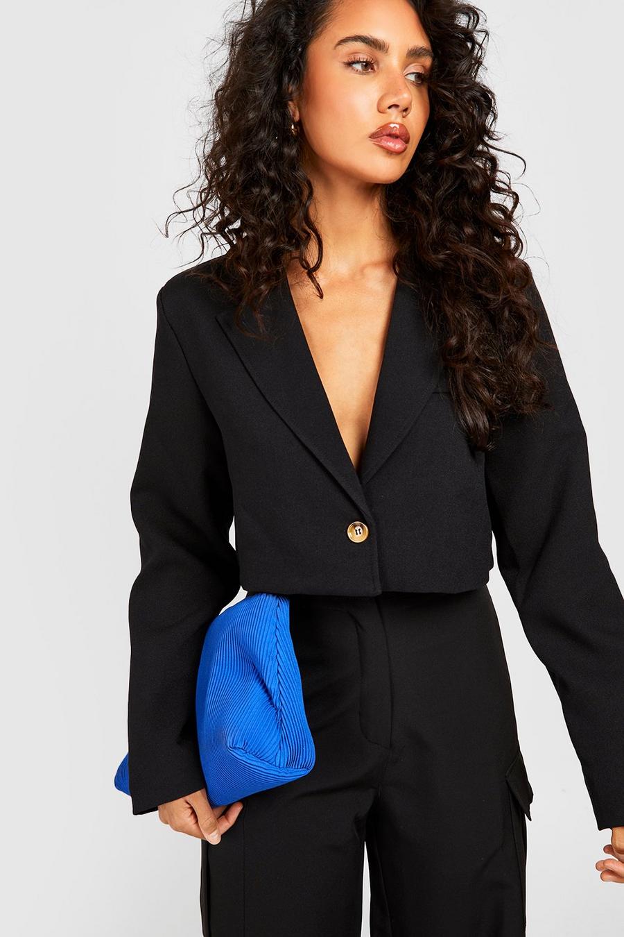 Black Cropped Textured Boxy Tailored Blazer image number 1