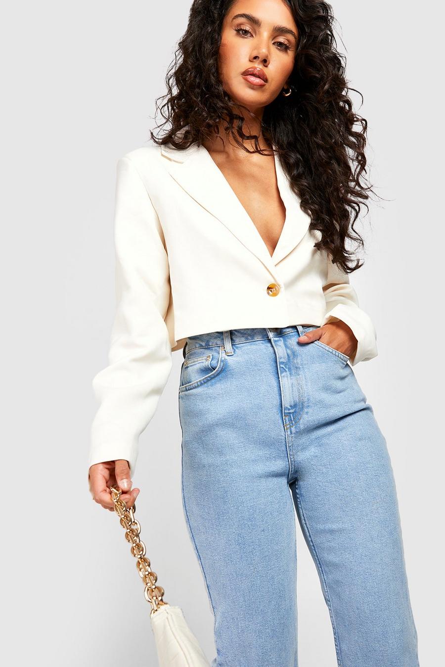 Ecru Cropped Textured Boxy Tailored Blazer image number 1
