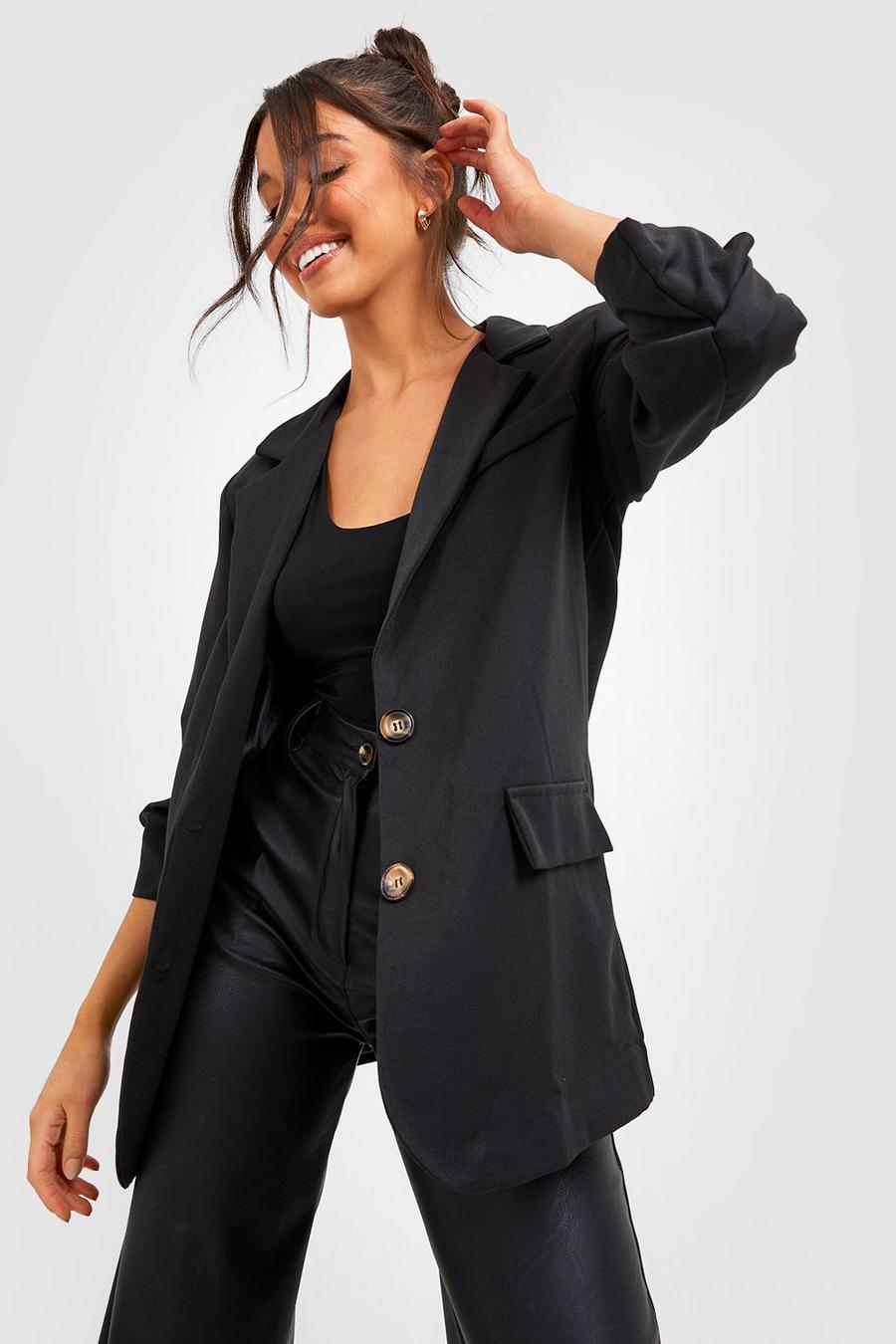 Black Textured Ruched Sleeve Tailored Blazer image number 1