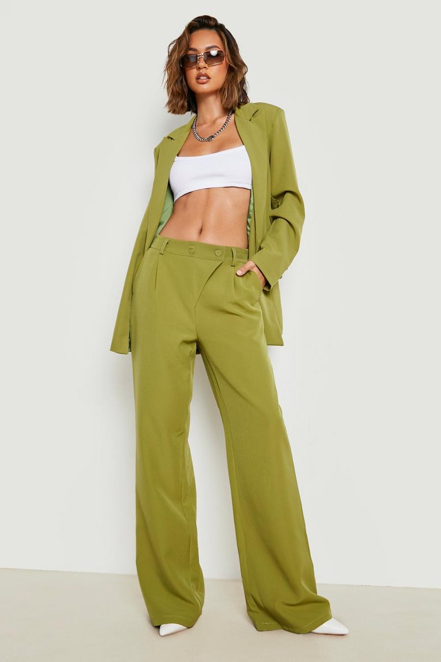 Olive Wrap Waistband Wide Leg Tailored Pants image number 1