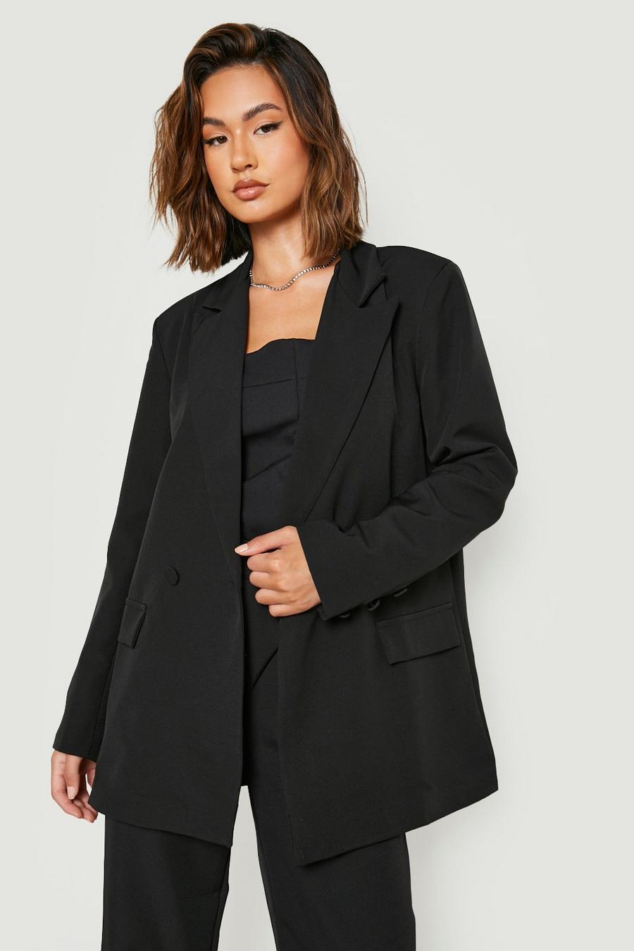 Black Button Cuff Relaxed Fit Tailored Blazer image number 1