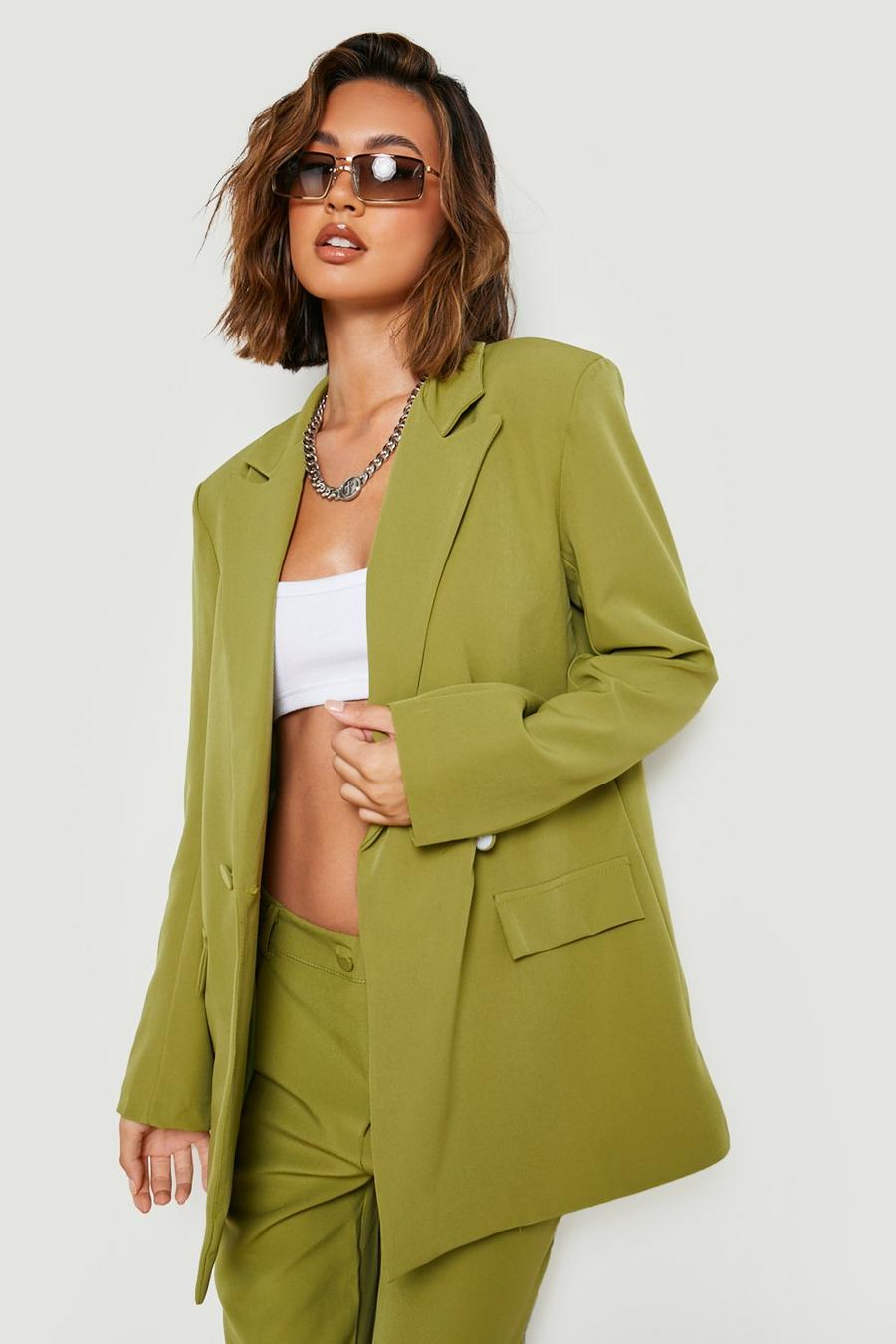 Olive Button Cuff Relaxed Fit Tailored Blazer image number 1