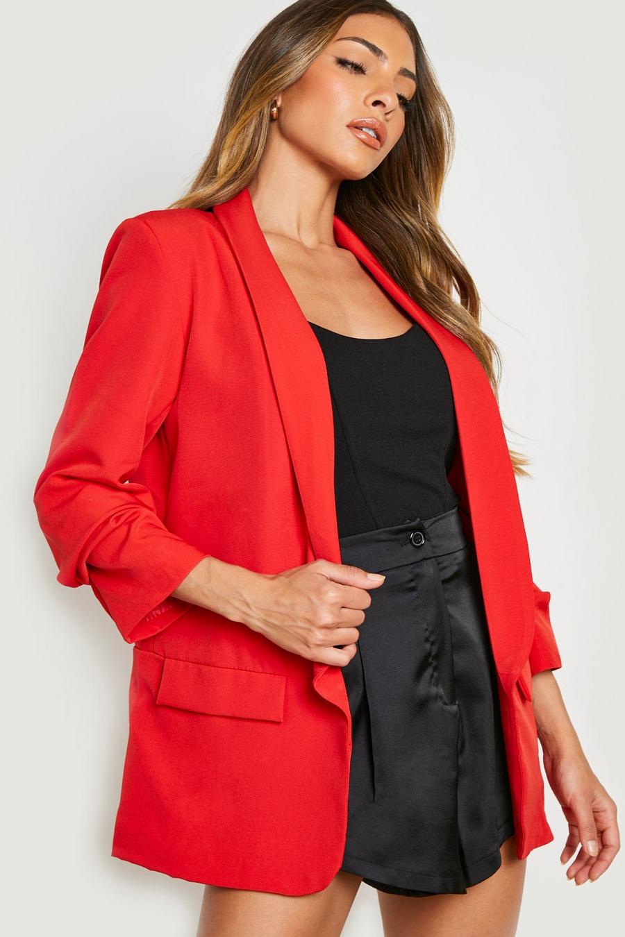 Red Plunge Lapel Ruched Sleeve Blazer