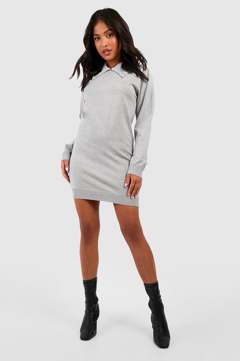 Petite Pearl Embellished Collar Sweater Dress boohoo