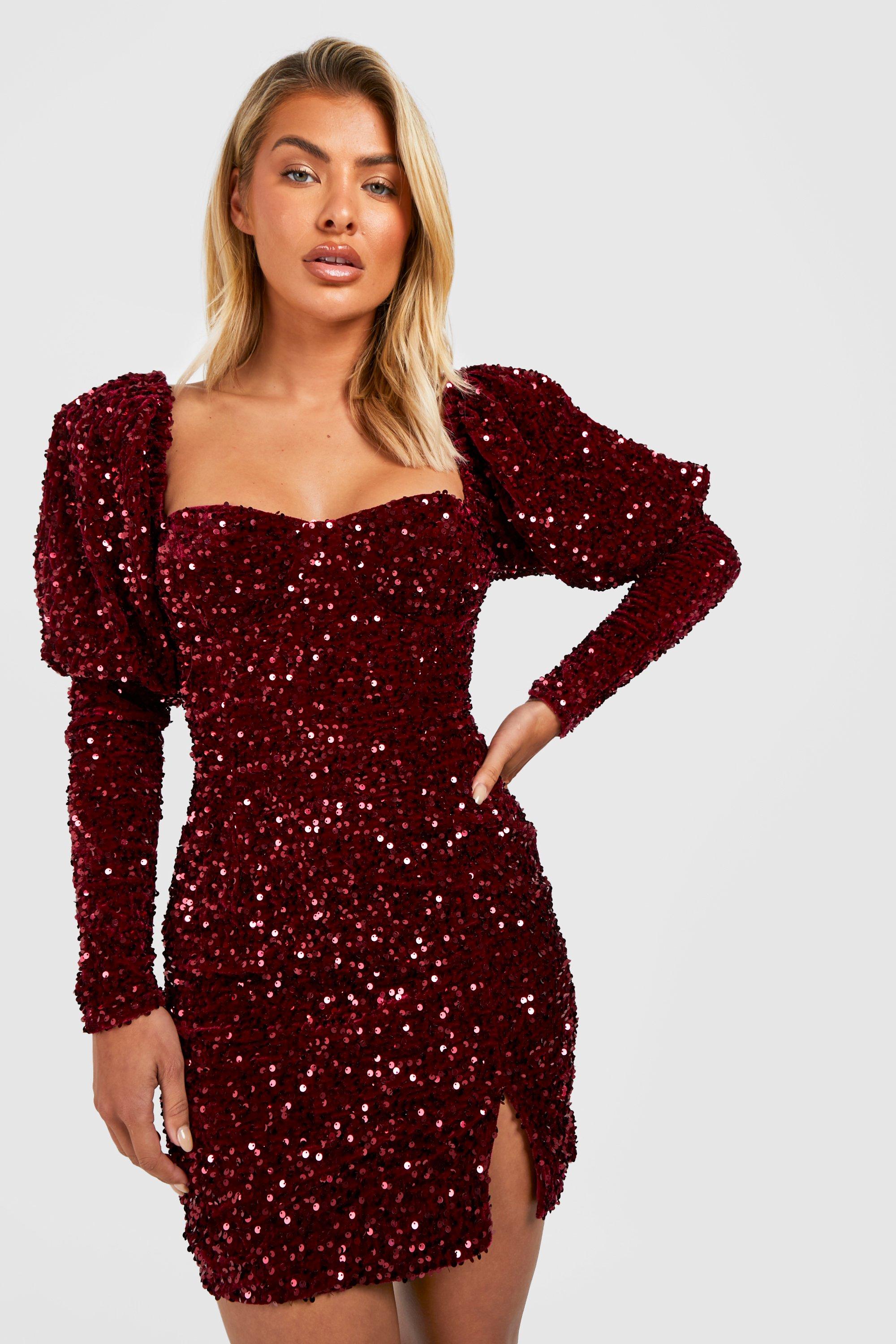 Sequin Puff Sleeve Mini Dress | boohoo USA