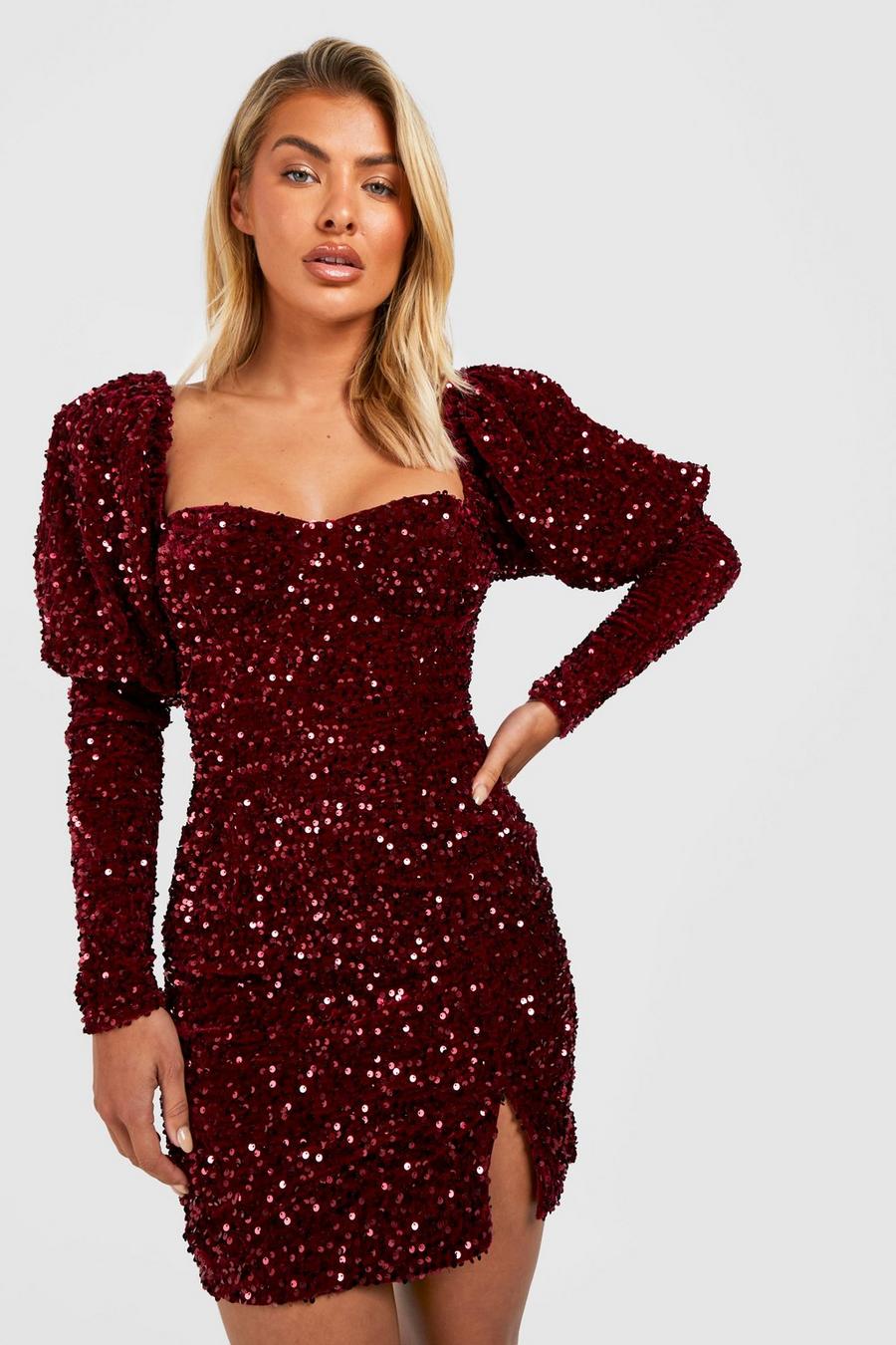 Berry red Sequin Puff Sleeve Mini Dress