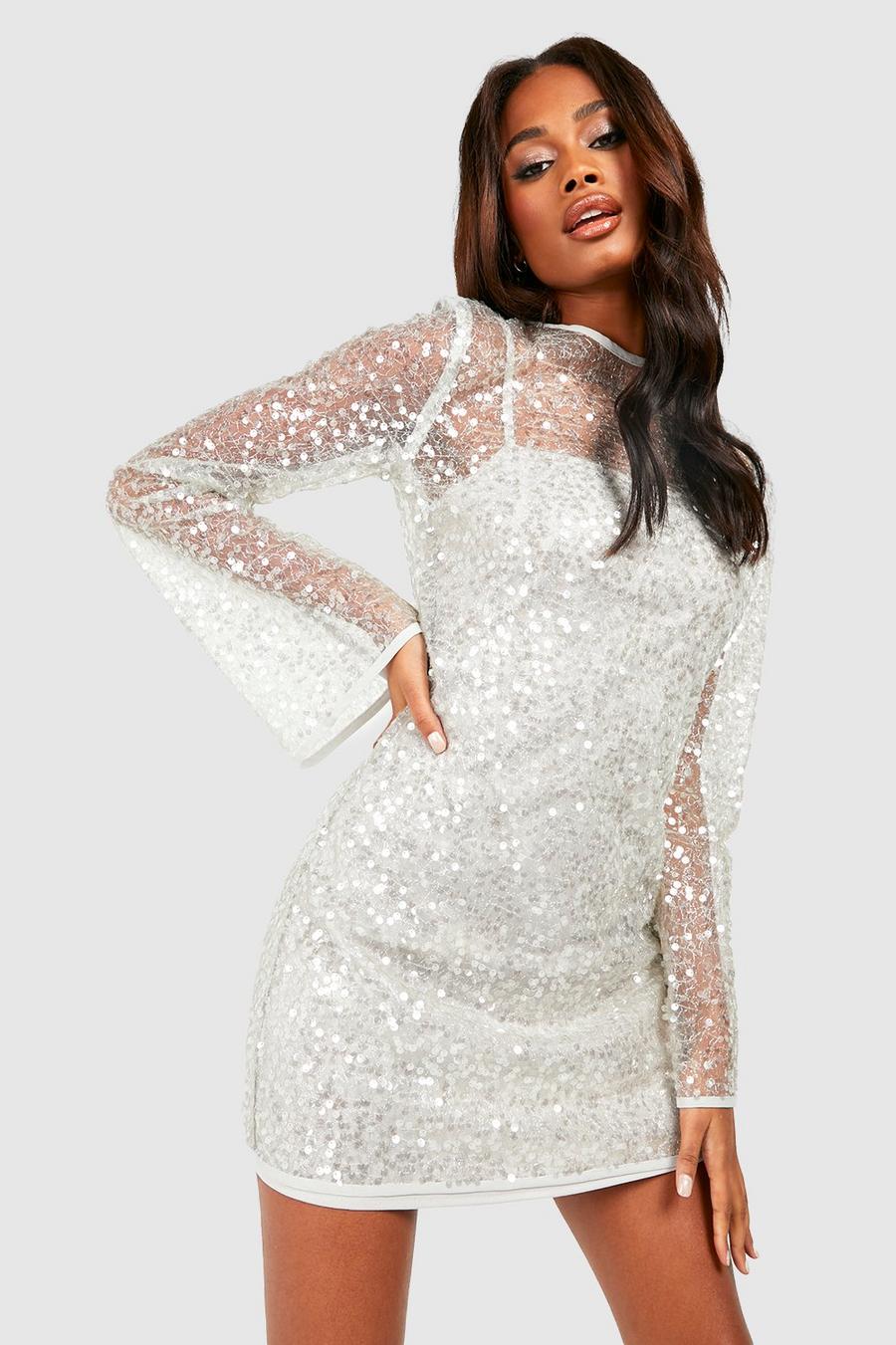 Silver  Sequin Sheer Shift Party Dress image number 1
