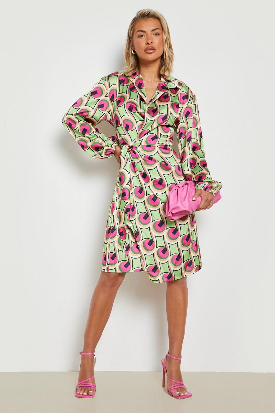 Pink Printed Satin Wrap Midi Dress image number 1