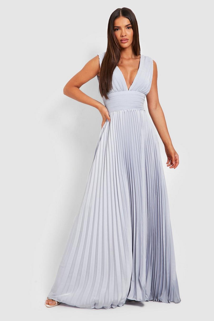 Silver grey Occasion Pleated Plunge Maxi Dress  image number 1