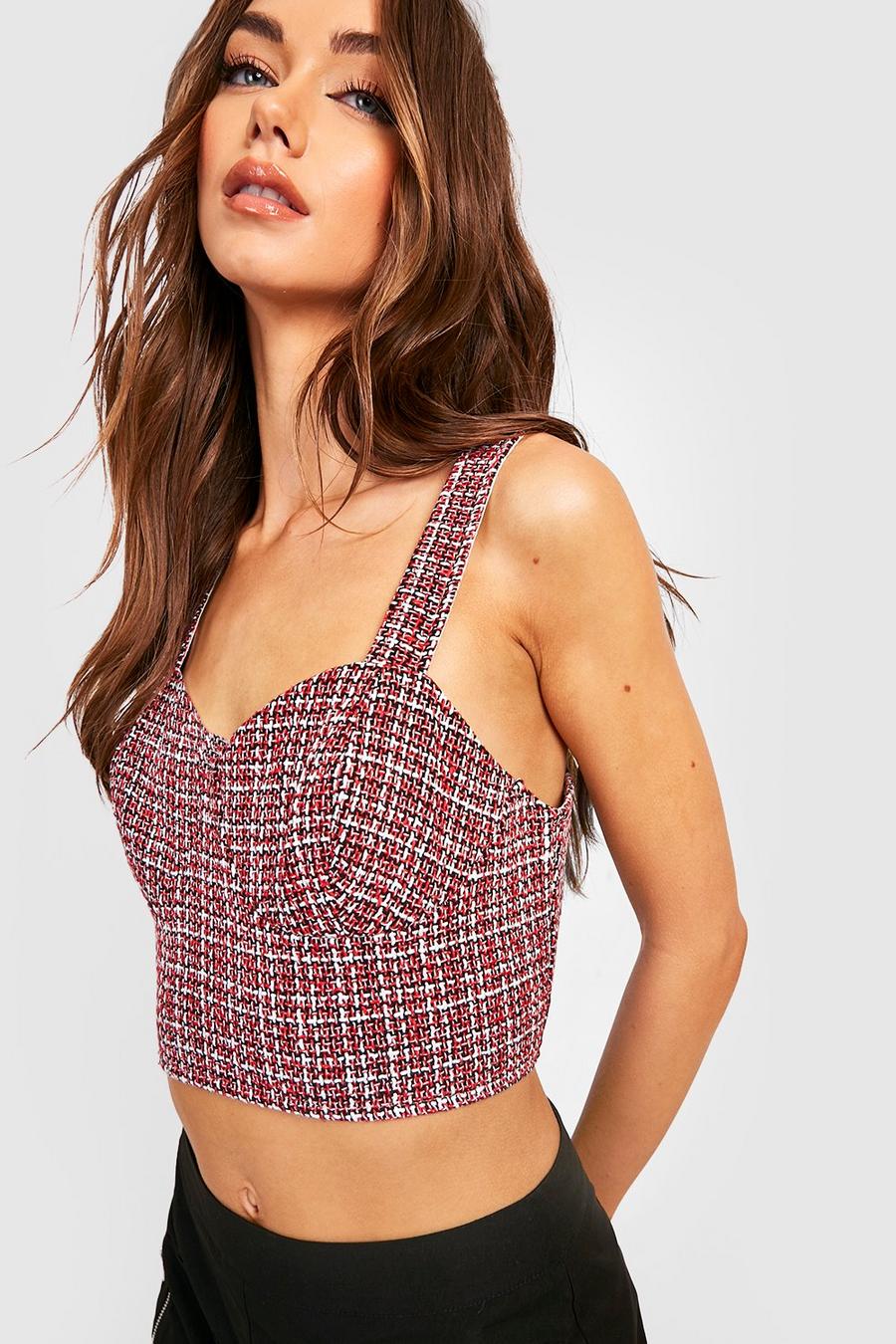 Red Boucle Check Strappy Corset Top image number 1