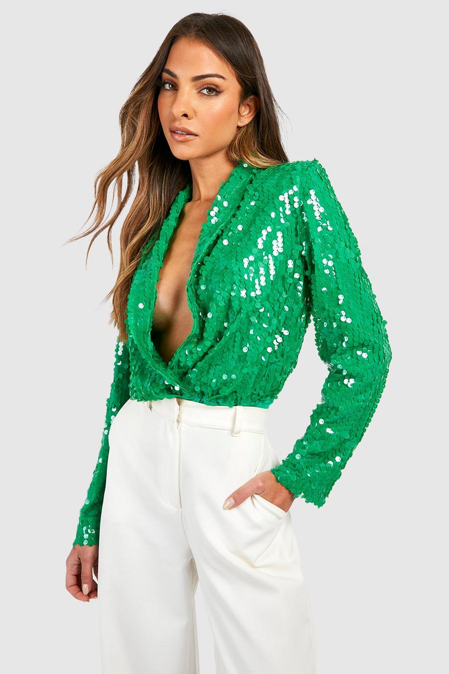 Green Wrap Collared Sequin Bodysuit image number 1