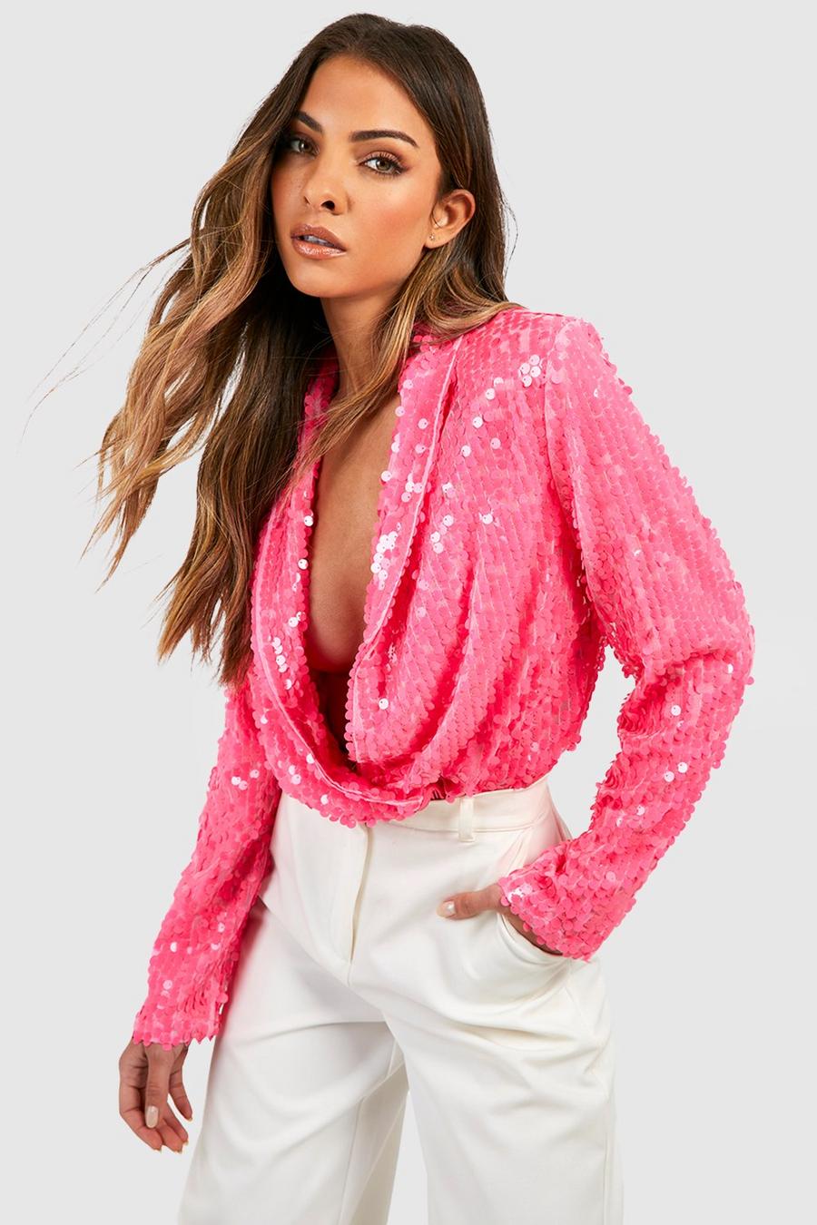 Pink Wrap Collared Sequin Bodysuit image number 1