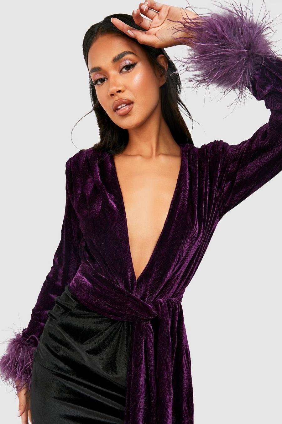 Purple Feather Cuff Textured Velvet Bodysuit image number 1