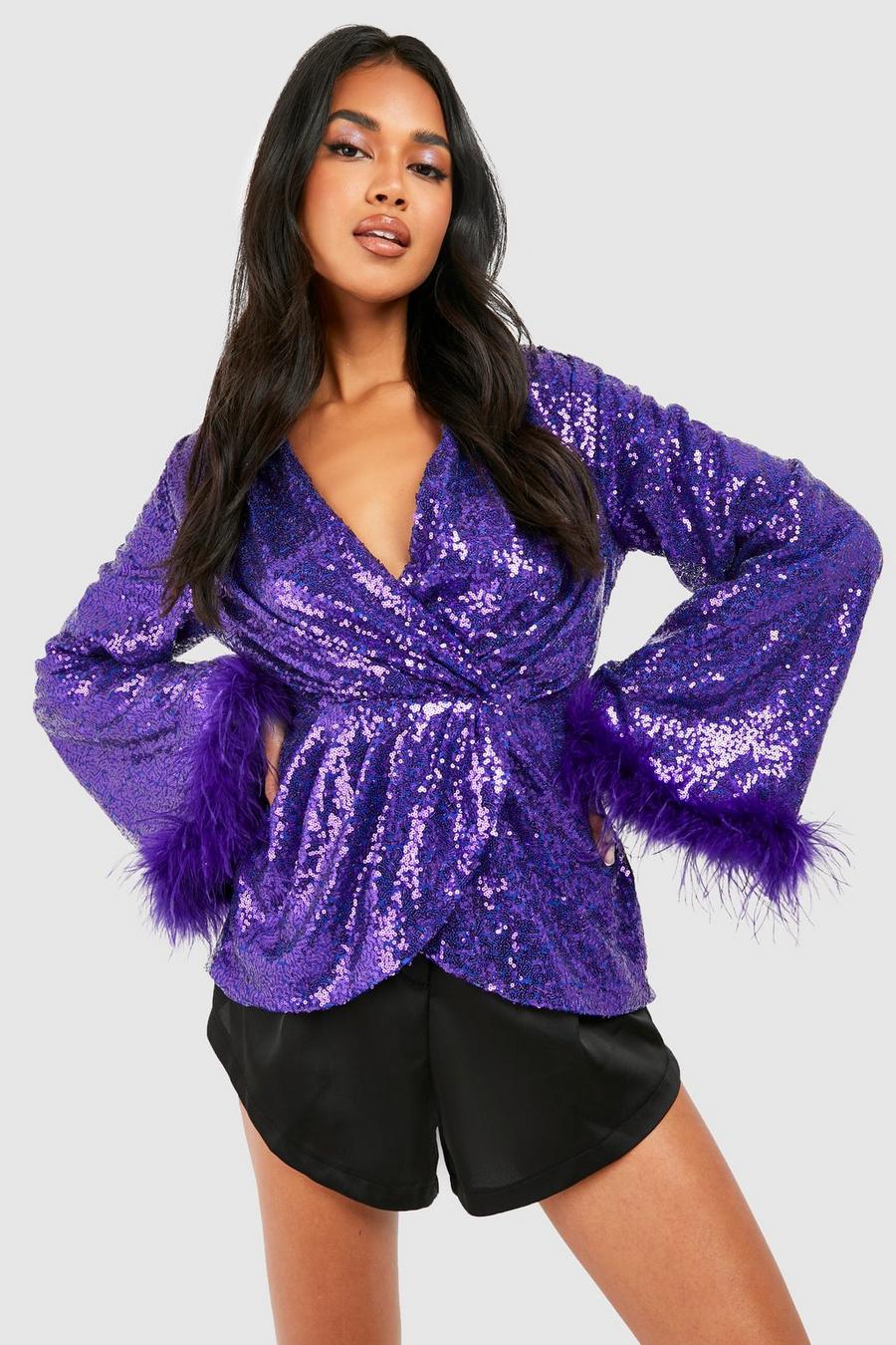 Purple Sequin Wrap Flare Feather Cuff Top