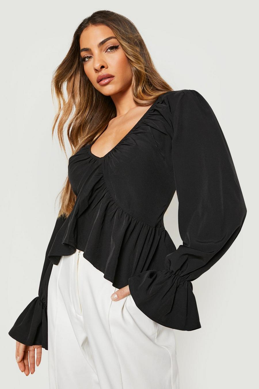 Black Frill Cuff Ruched Peplum Blouse image number 1
