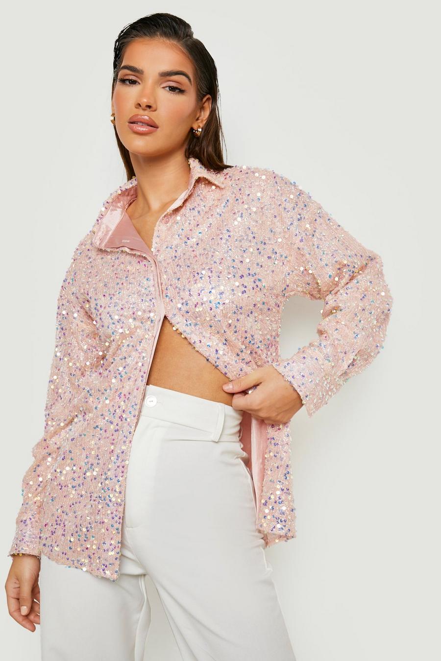 Champagne Textured Sequin Oversized Shirt  image number 1