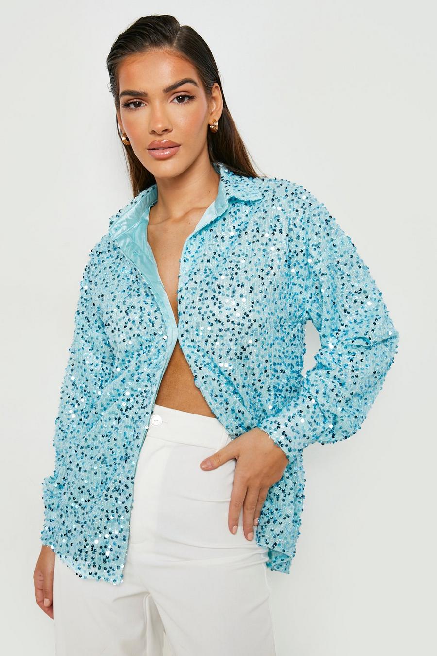 Ice blue Textured Sequin Oversized Shirt  image number 1