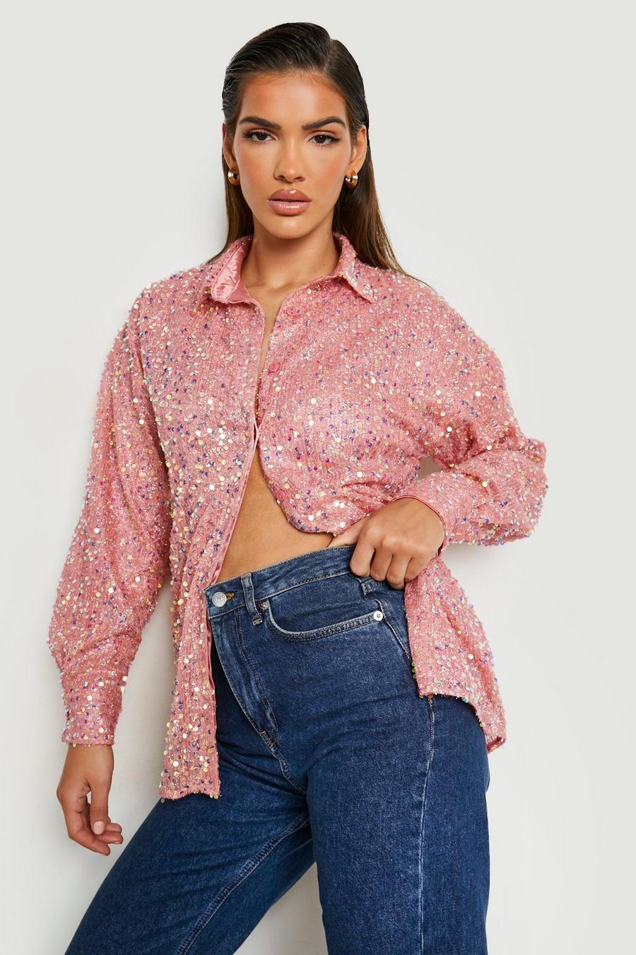 Strukturiertes Oversize Pailletten-Hemd, Pink image number 1