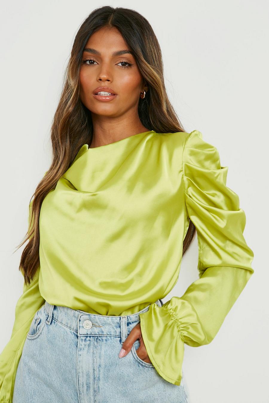 Chartreuse Cowl Ruched Sleeve Satin Long Sleeve Blouse image number 1