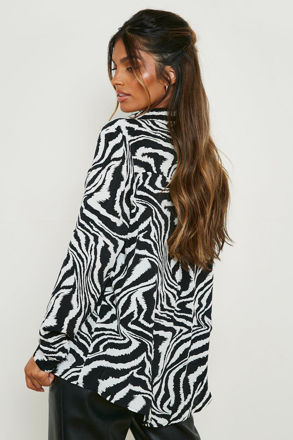 White Tiger Print Satin Oversized Shirt