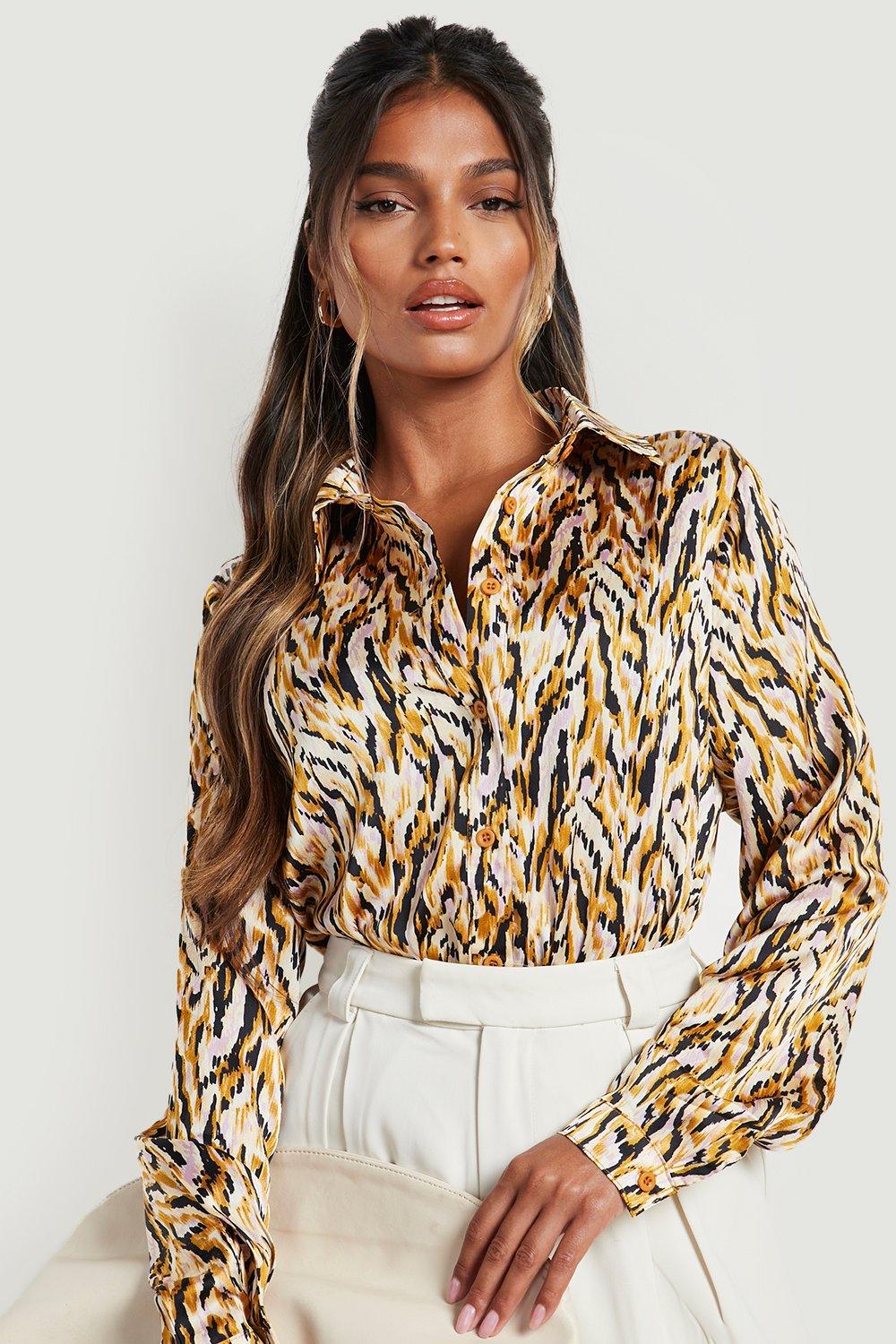 Long Sleeve Satin Tiger Print Shirt