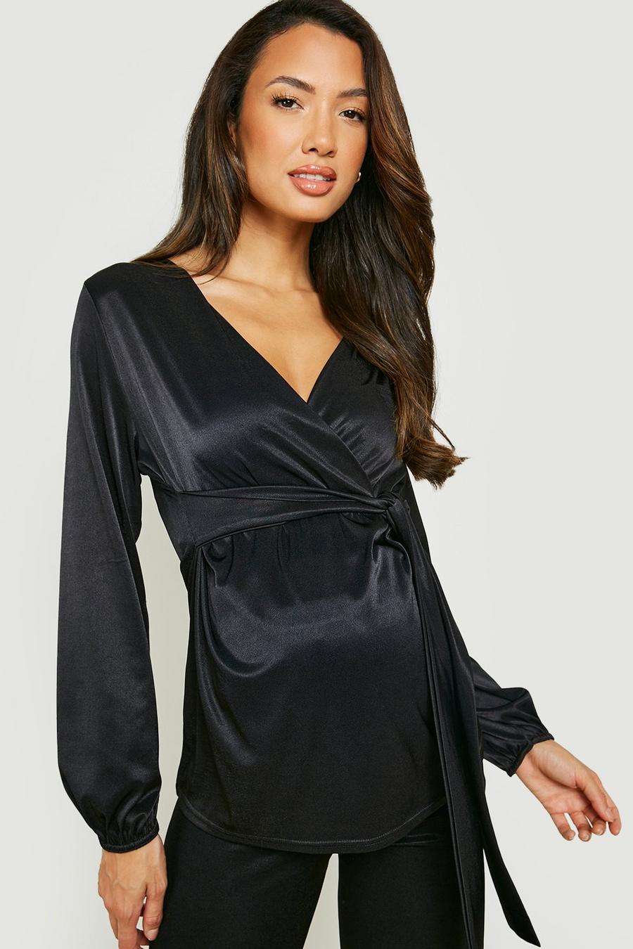 Black Maternity Stretch Satin Wrap Top image number 1