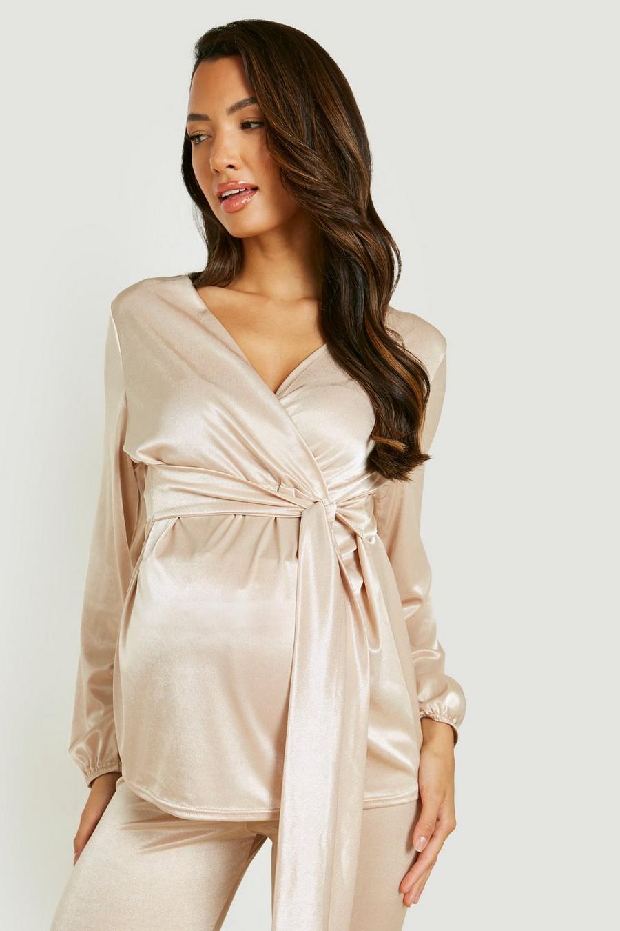 Champagne Maternity Stretch Satin Wrap Top image number 1