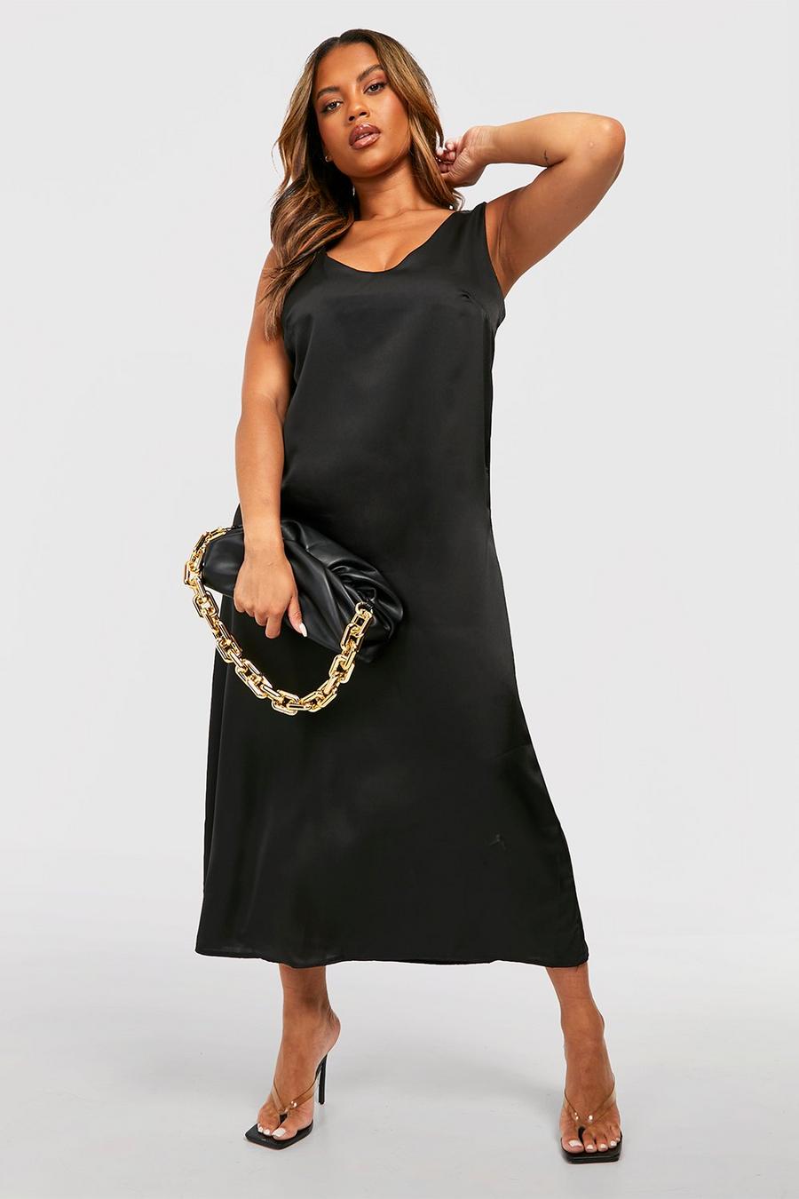 Black Plus Wide Strap Satin Slip Dress image number 1