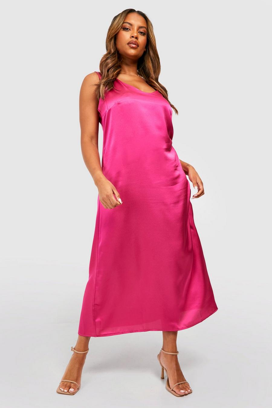Grande taille - Robe nuisette satinée à bretelles épaisses, Hot pink