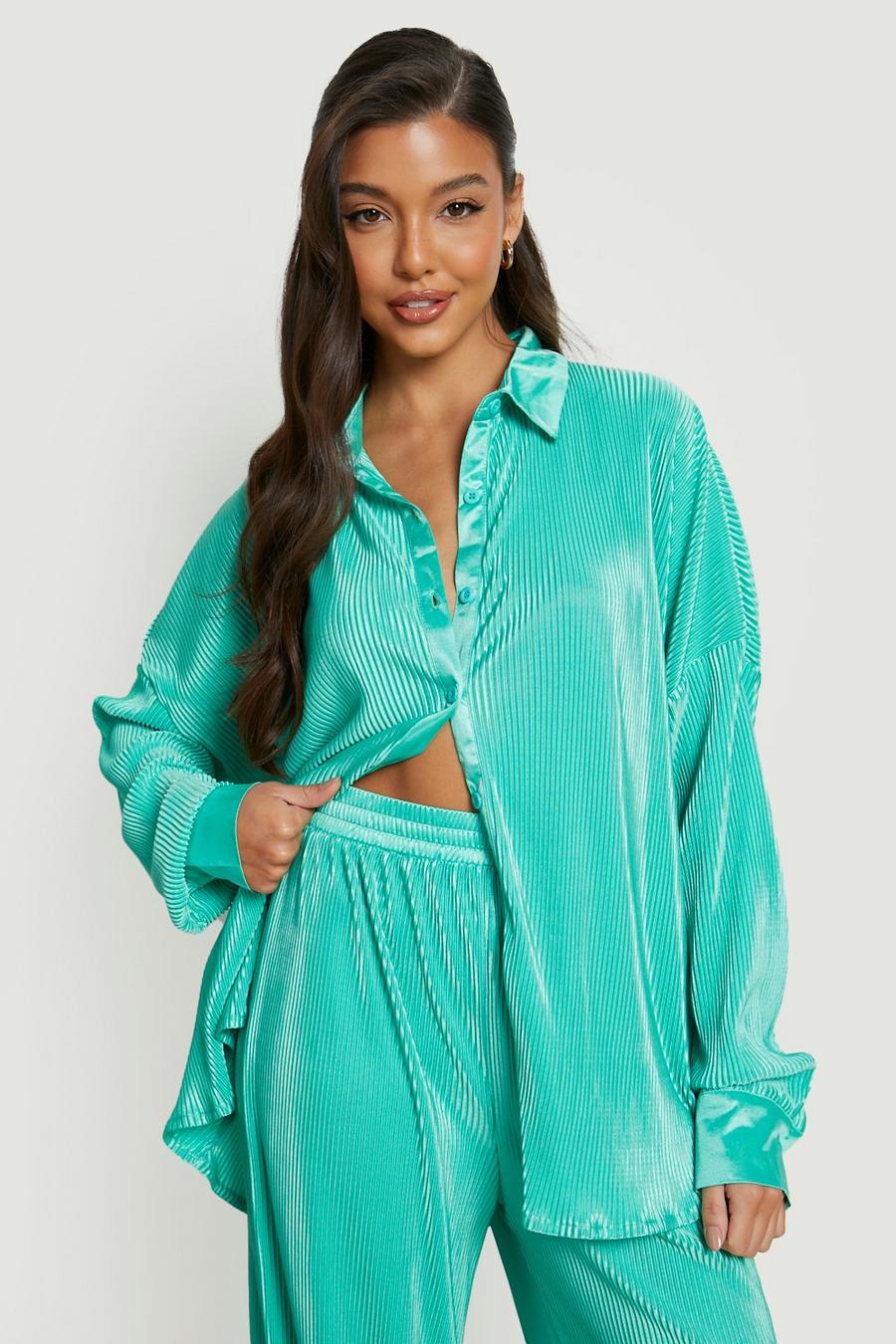Bright green Premium Oversize plisserad skjorta image number 1
