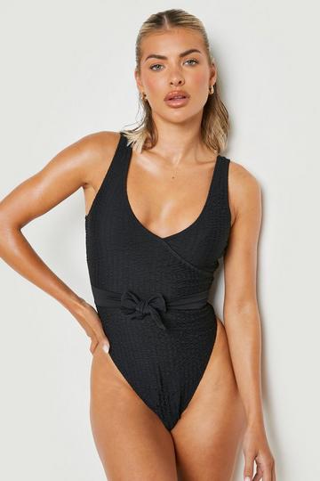Shirred Belted Wrap Plunge Swimsuit black