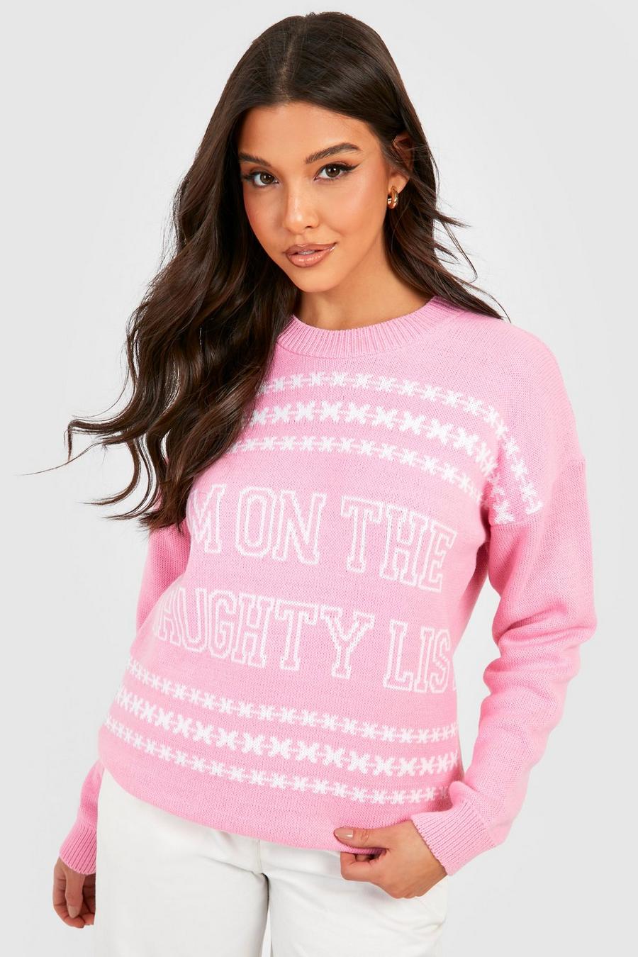 Jersey navideño con eslogan Naughty List, Baby pink