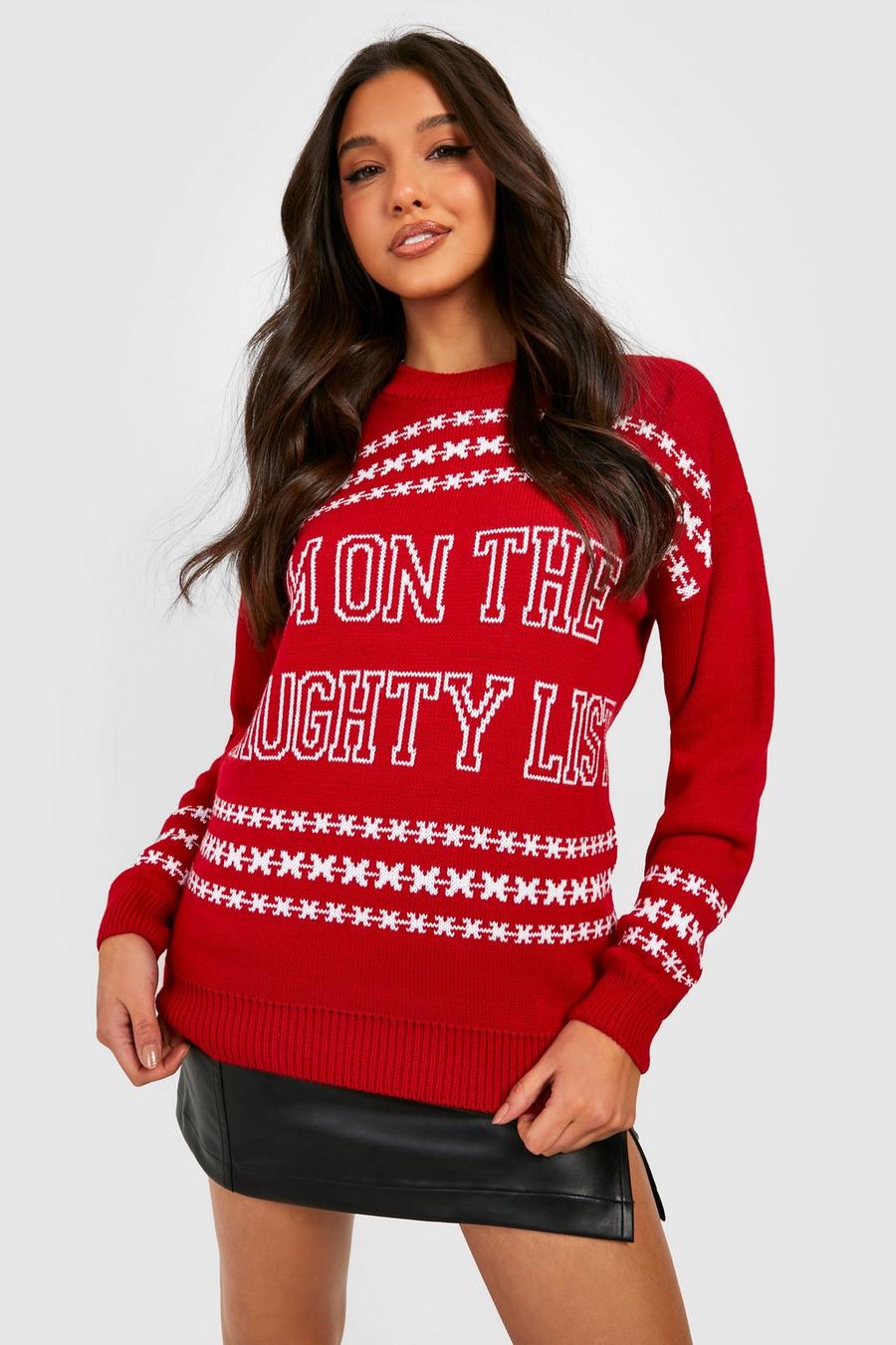 Red Naughty List Slogan Christmas Jumper image number 1