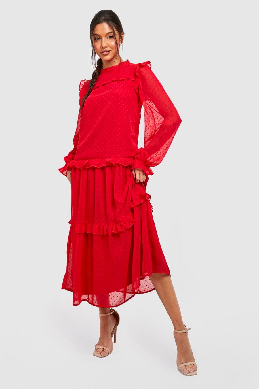 Red Dobby Ruffle Chuck On Smock Dress image number 1