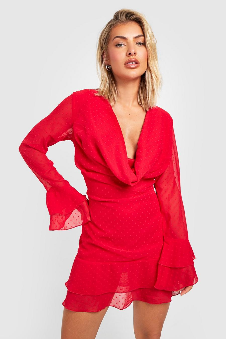 Red Dobby Ruffle Cowl Neck Shift Dress image number 1