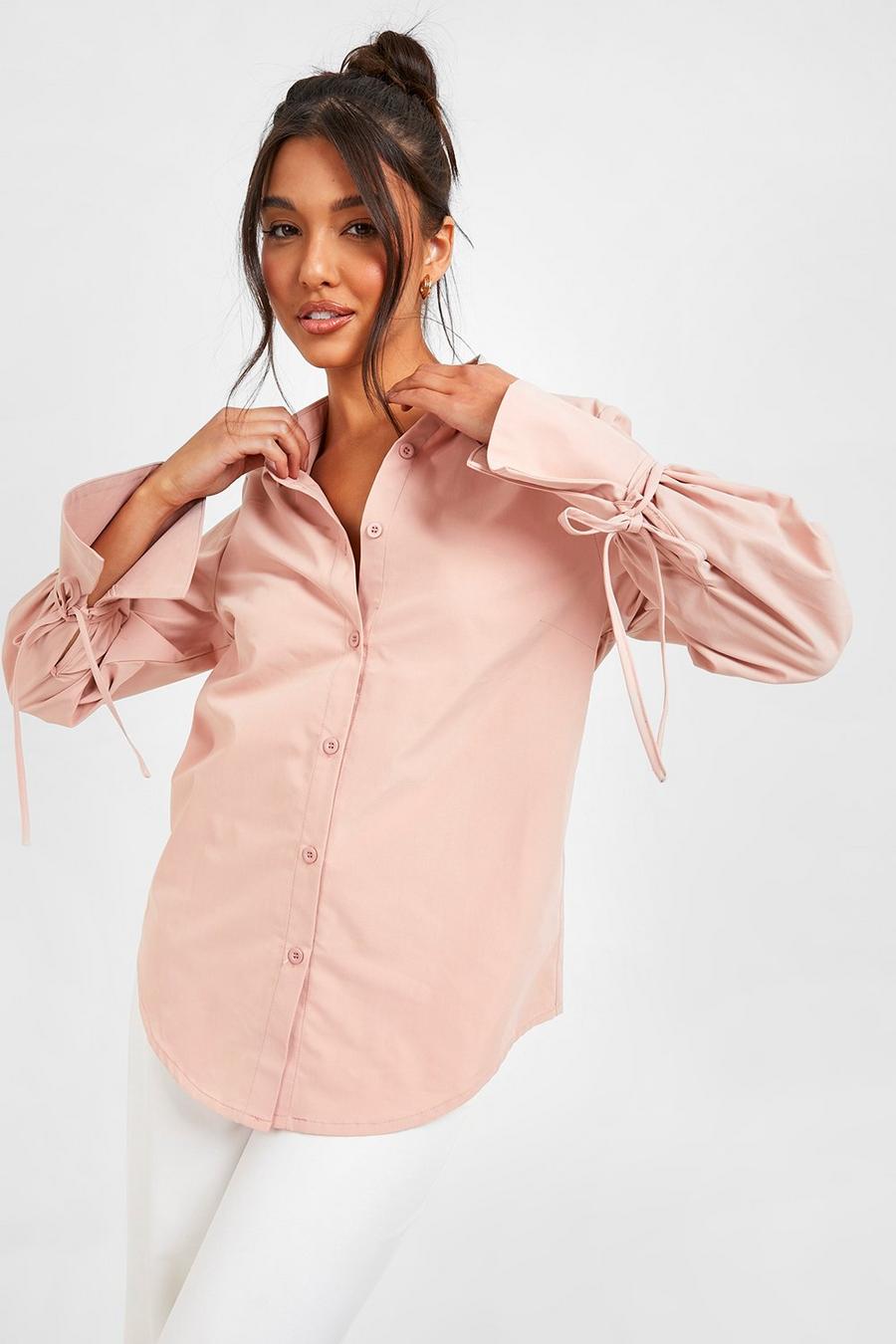 Nude Tie Cuff Puff Sleeve Shirt image number 1