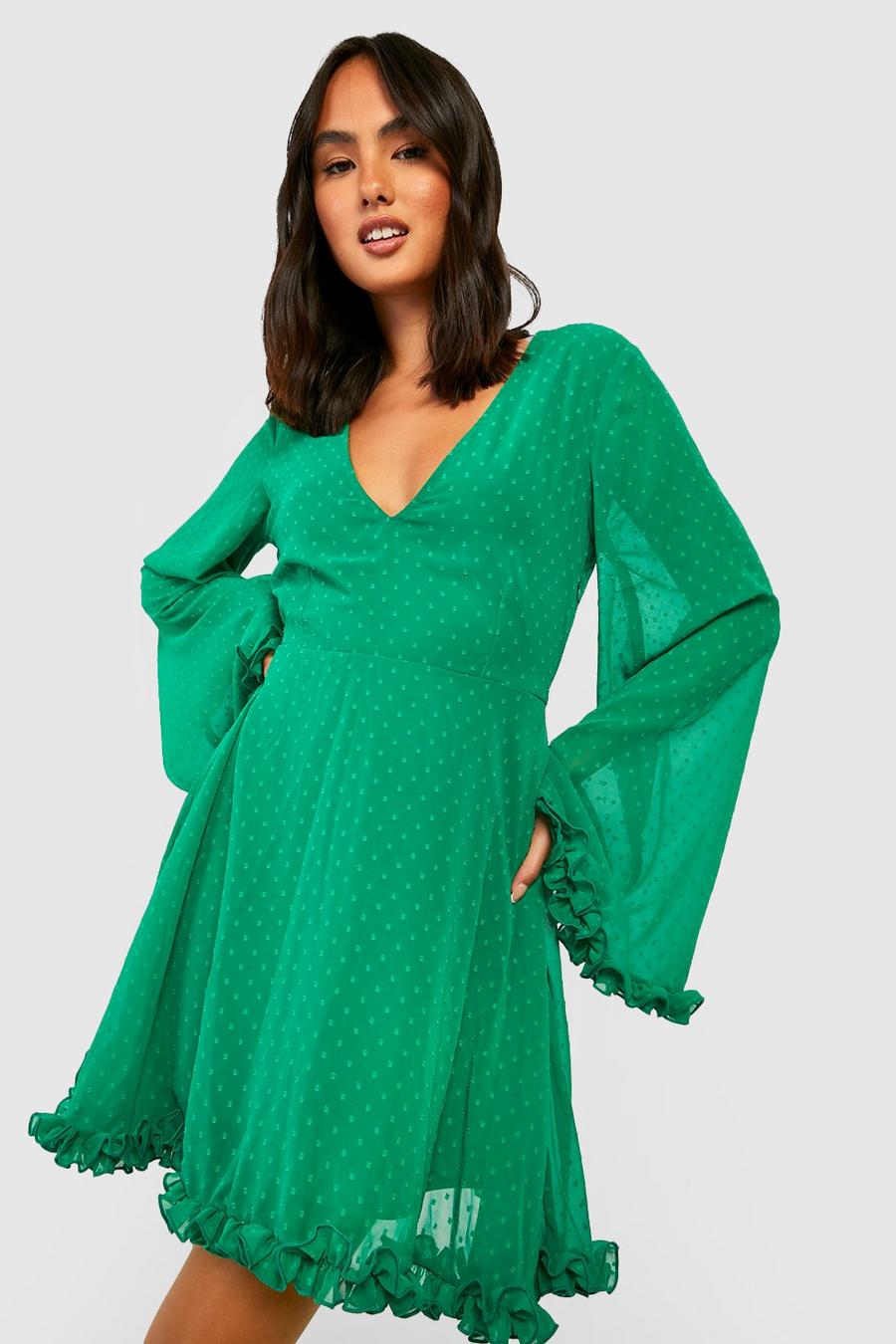 Green verde Dobby Kimono Wide Sleeve Skater Dress image number 1